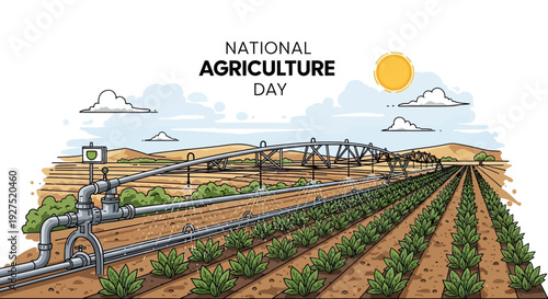 Illustration of a farm landscape with irrigation system on National Agriculture Day in America, celebrating US Agriculture and Farming Industry.