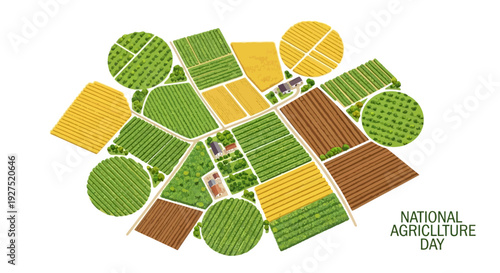 A stylized illustration of a farm landscape on National Agriculture Day with various green, yellow, and brown fields arranged on a white background.