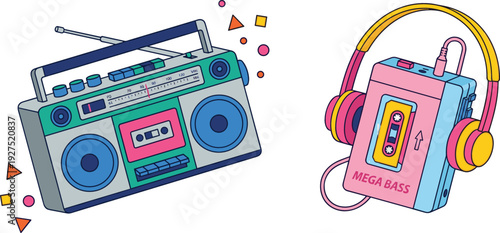 Retro Boombox and Cassette Player with Headphones Colorful 80s 90s Music Devices Vector Illustration Set