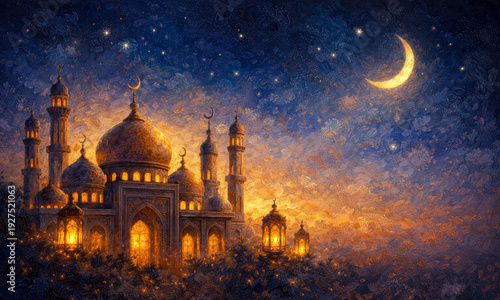 Beautiful oil painted mosque and crescent moon with copy space for text