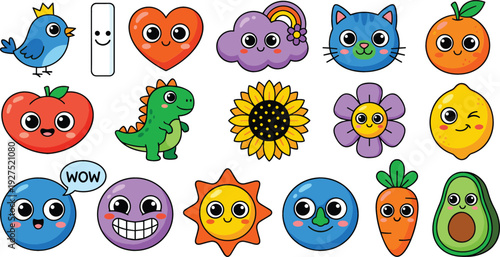 Cute Kawaii Cartoon Icons Set with Animals Fruits Flowers Sun and Funny Emoji Faces Vector Illustration Collection