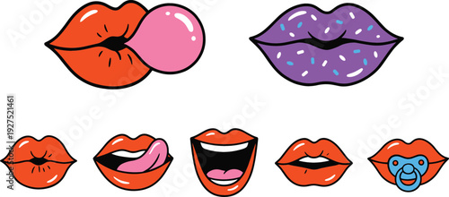Pop Art Cartoon Lips Collection with Bubble Gum Sprinkles Tongue Smile and Pacifier Isolated Vector Illustration Set