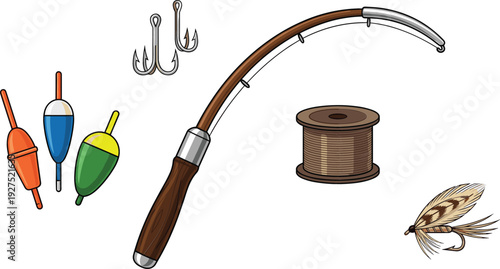 Fishing Equipment Set with Rod Hooks Floats Reel and Fly Bait Angling Tools Vector Illustration Collection