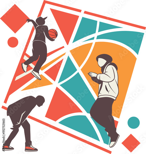 Urban youth playing streetball with abstract geometric background
