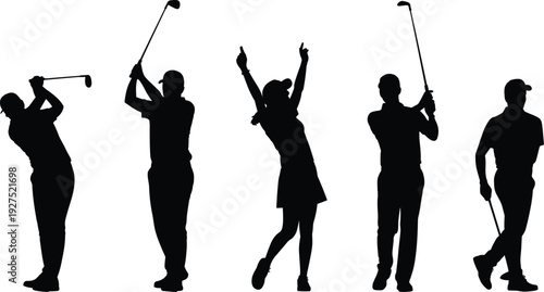 Cad drawing flat vector illustration of golf silhouettes, players swinging clubs, celebrating poses, sports motion art, dynamic athletic design concept