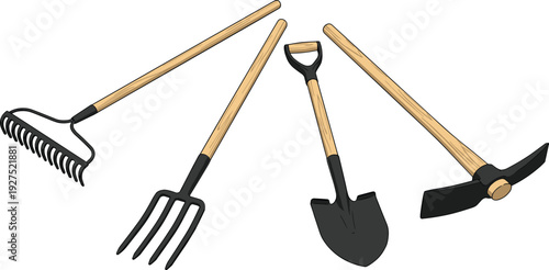 Gardening Tools Set with Rake Pitchfork Shovel and Hoe Wooden Handle Farm Equipment Vector Illustration Collection