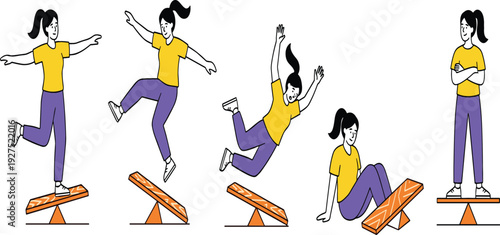 Woman Losing Balance on Seesaw Sequence Falling and Standing Risk Accident Safety Concept Vector Illustration Set