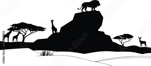 African savanna silhouette vector illustration, lion wildlife artwork, giraffe and antelope design, acacia tree graphic, nature ecosystem concept, animal habitat icon