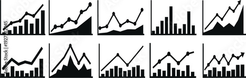 Collection of various black and white line graphs and bar charts