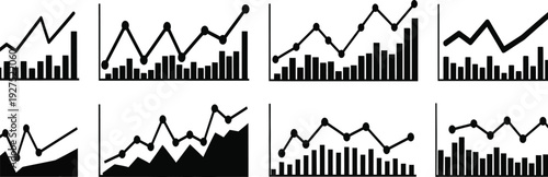 Collection of various black line graphs and bar charts on white background