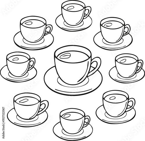 Produce a thin black outline collection of coffee mugs, teacups, and saucers.
