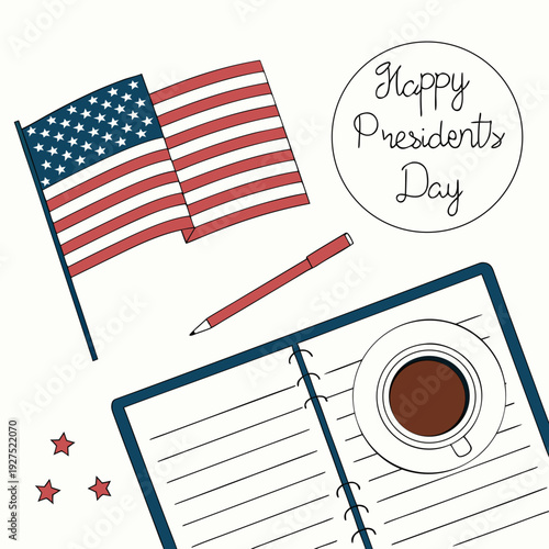 Happy presidents day, american flag illustration, office supplies