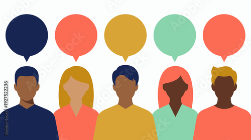 Flat vector illustration of diverse marketing managers and office employees with empty colorful speech bubbles, concept for business communication, team collaboration and customer feedback