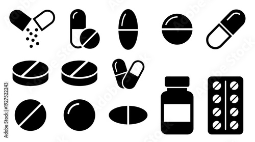 Set of black medicine pill icons including capsules and pharmaceutical bottle on white background, concept for healthcare app design, pharmacy branding and medical infographic