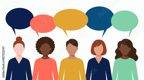 Diverse group of professional project managers and creative marketing specialists with colorful speech bubbles, concept for team collaboration, corporate communication and brainstorming