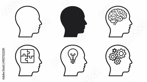 Set of human head profile icons featuring brain, puzzle pieces, light bulb and gears on white background, concept for business strategy, creative brainstorming and psychology research