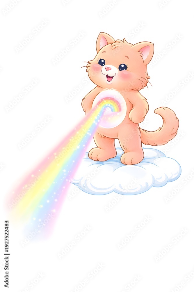 Fototapeta premium Katze mit Regenbogenstrahl - Süße Katzen Illustration -Kinderbuch Grafik - Katzen Clipart