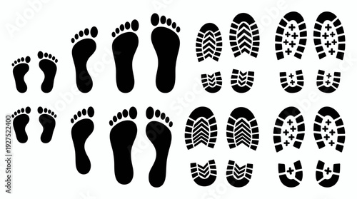 Collection of black human barefoot and shoe sole footprint silhouettes of various sizes isolated on white background, concept for forensic investigation, family growth and journey pathway