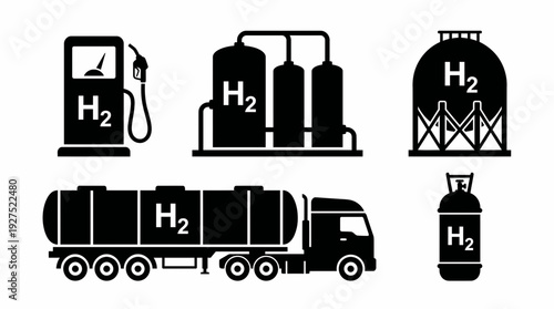 Black flat icons of hydrogen fuel station, industrial storage tanks, tanker truck and gas cylinder isolated on white, concept for renewable energy, sustainable transport and green economy