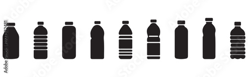 Plastic Bottle Icon Set – Black and White Flat Drink Container Collection Isolated on Transparent Background