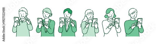 Smiling Multigenerational People Using Smartphone Set, Positive Digital Communication and Online Service Usage in Modern Everyday Life