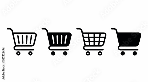 Set of four minimalist shopping cart icon collection in black outline and solid silhouette styles on white background, concept for ecommerce website, retail marketing and grocery app design