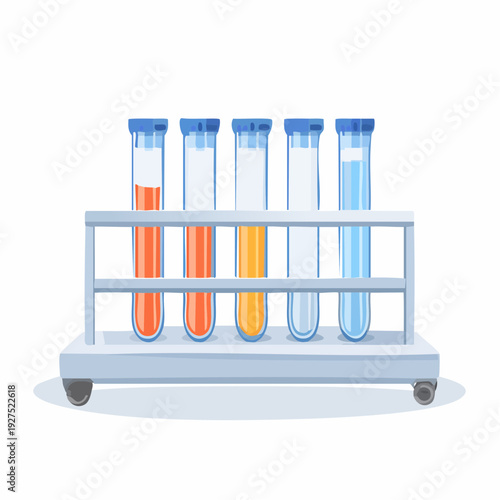 Medical laboratory test tubes with colored liquids in a rack, vector illustration for health and science, isolated on a medical business icon background