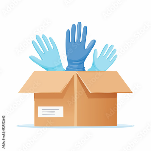 Medical gloves being shipped in a cardboard box, vector illustration of health care products, business delivery, isolated on a plain background