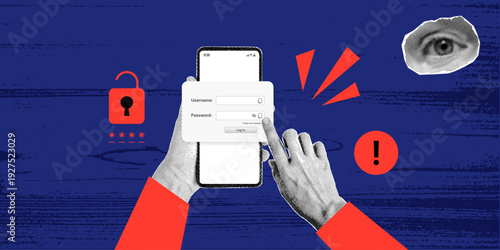 Trendy cyber security risk mobile concept with human hand holding smartphone,weak password warning with surveillance eye in retro halftone collage style.Contemporary hacking threat vector illustration