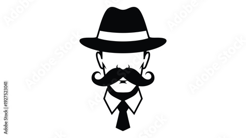 A black and white illustration of a man with a mustache and hat isolated on white background, Vector