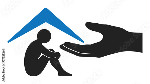 A hand reaching out to a person under a roof isolated on white background, Vector