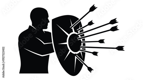 A man holding a shield with multiple arrows stuck in it isolated on white background, Vector