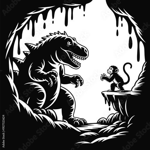 Dinosaur cave illustration, monkey confrontation artwork, prehistoric predator scene, dramatic stalactite cave drawing, fantasy danger concept, symbolic bravery confrontation vector