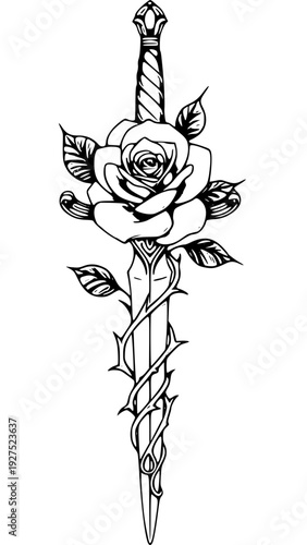 Elegant rose wrapped around a dagger with thorns in a striking design