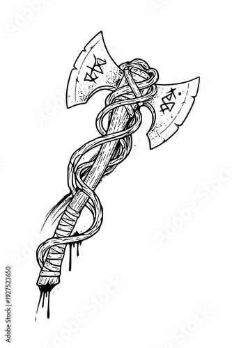 Dramatic double headed axe with blood dripping from handle