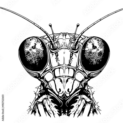 Detailed black and white illustration of a bug's face