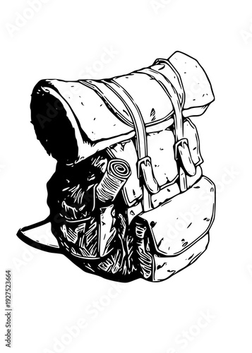 Detailed black and white illustration of hiking backpack with accessories