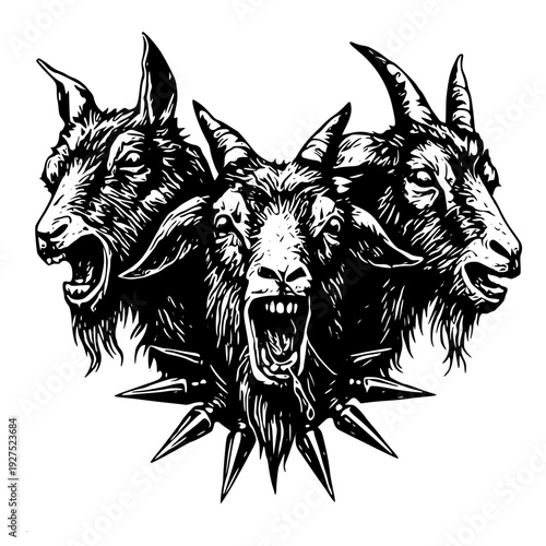 Fierce three-headed goat with sharp horns and spiked collar