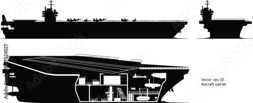 Aircraft carrier silhouette vector illustration, military ship design, naval vessel blueprint, warship cross-section, aviation deck layout, defense technology graphic