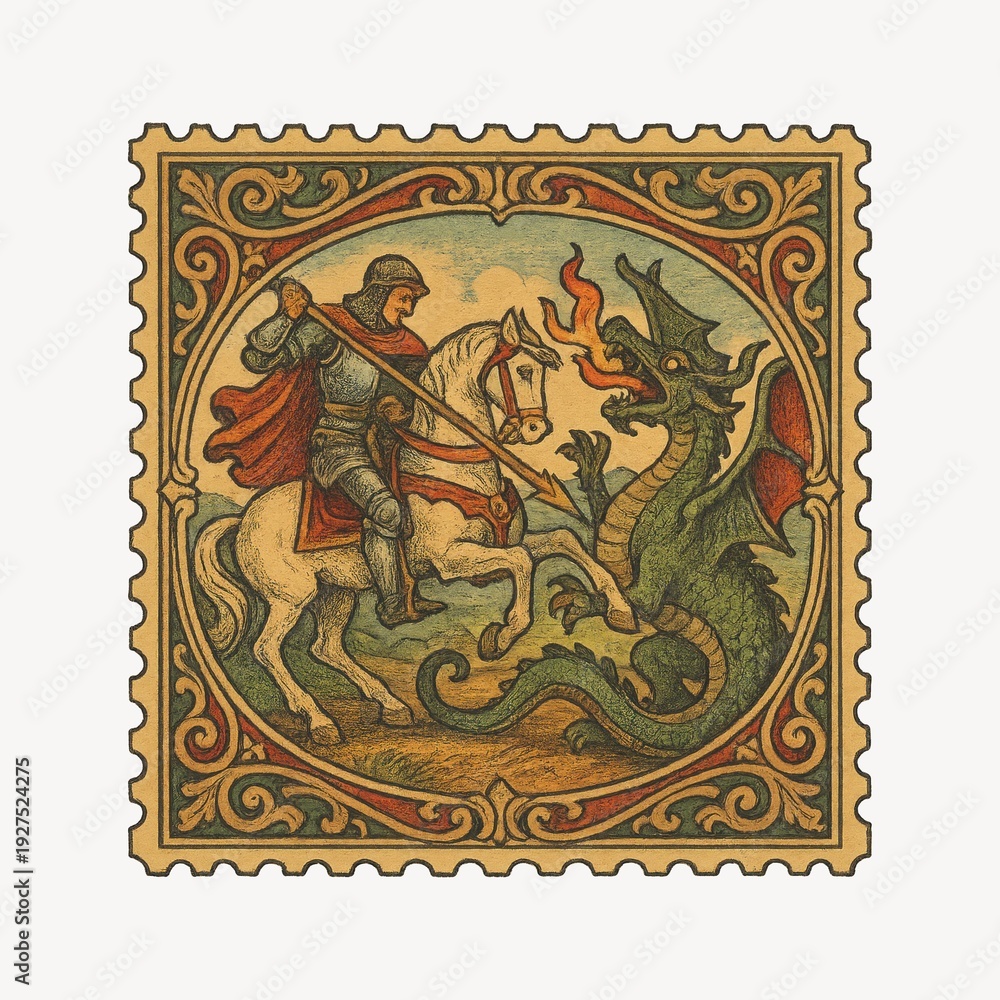 Obraz premium Medieval knight battles dragon