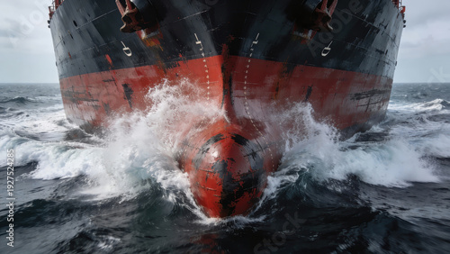 Dramatic close up of fuel tanker bow cutting through rough ocean waves, showcasing power and strength of maritime engineering