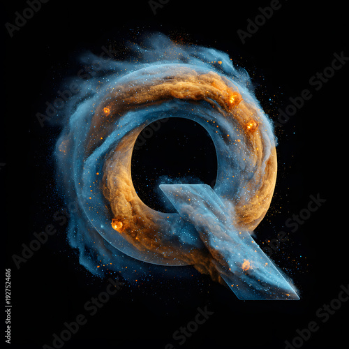 A visually stunning artistic representation of the letter Q formed with swirling dust particles