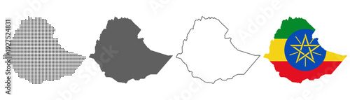 Ethiopia country map vector set with dotted pattern solid silhouette outline and national flag illustration