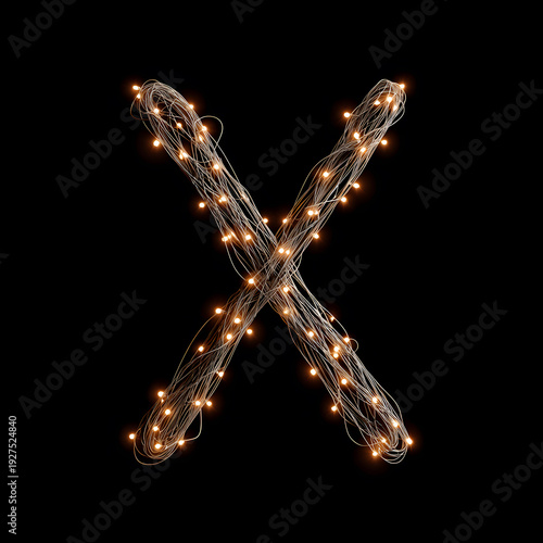 a glowing X letter with a string of lights, perfect for design and decoration. The lights cast a warm, inviting glow on a dark backdrop. 