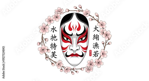 Vibrant Kabuki theater mask surrounded by cherry blossoms and Japanese characters