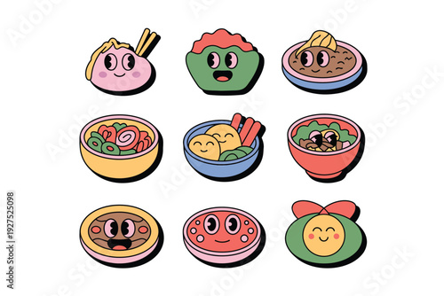 Food icon set with various cartoon bowls and plates illustration