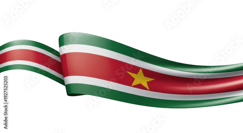 Waving suriname flag with a red, white, and green tricolor design and a yellow star, symbolizing national pride and identity, isolated on transparent background