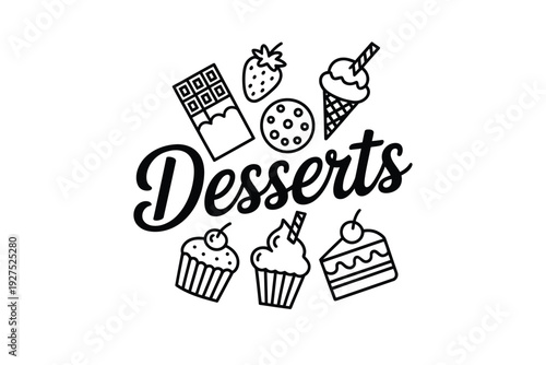 Desserts icon illustration with various sweet treats and creamy desserts