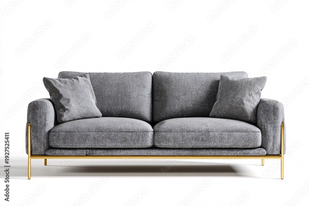 Fototapeta premium Modern Gray Sofa with Gold Legs in Minimalist White Room Interior