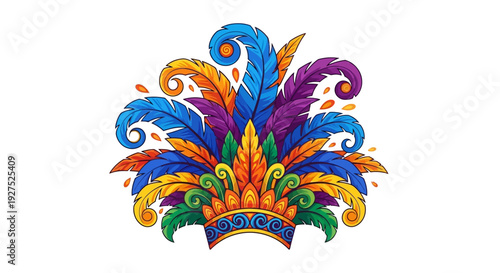 Vibrant colorful feather headdress with swirling patterns and bright hues